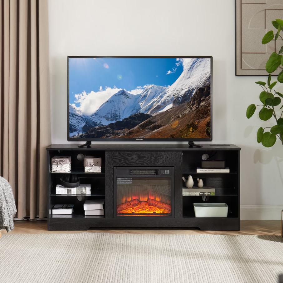 SESSLIFE Fireplace TV Stand, 58" LED Light Entertainment Center with Adjustable Flame Fireplace, Power Outlets & Shelves, Remote & App Control, TV Stand with Fireplace for Living Room, Espresso