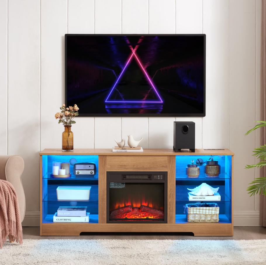SESSLIFE Fireplace TV Stand, 58" LED Light Entertainment Center with Adjustable Flame Fireplace, Power Outlets & Shelves, Remote & App Control, TV Stand with Fireplace for Living Room, Espresso