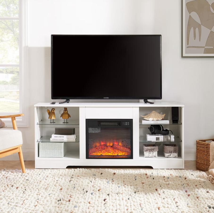 SESSLIFE Fireplace TV Stand, 58" LED Light Entertainment Center with Adjustable Flame Fireplace, Power Outlets & Shelves, Remote & App Control, TV Stand with Fireplace for Living Room, Espresso