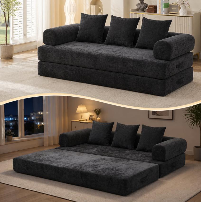 SESSLIFE Sofa Bed, Convertible Chenille Fabric Boneless Couch, Sleeper Sofa with Pillows & Storage Pocket, No Assembly Folding Pull Out Couch for Living Room, Black
