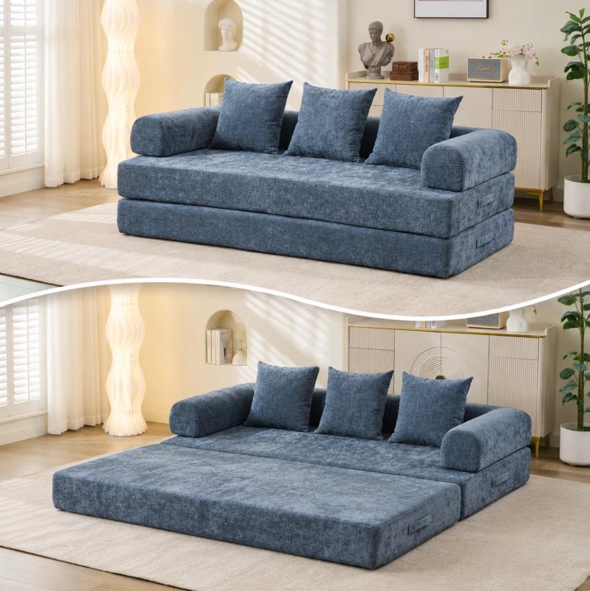 SESSLIFE Sofa Bed, Convertible Chenille Fabric Boneless Couch, Sleeper Sofa with Pillows & Storage Pocket, No Assembly Folding Pull Out Couch for Living Room, Black