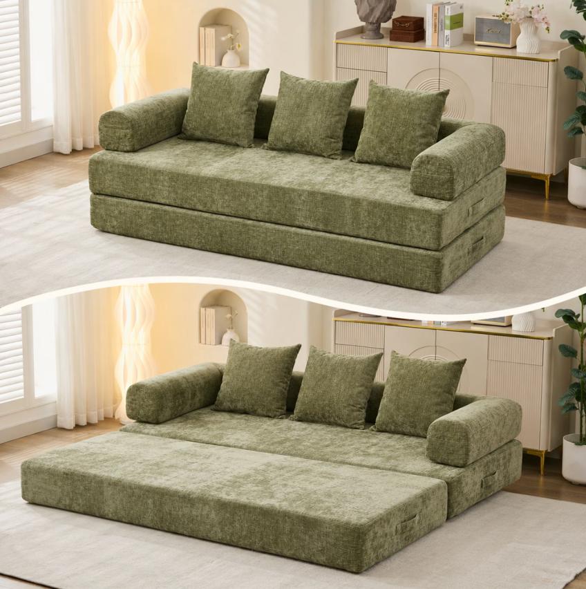 SESSLIFE Sofa Bed, Convertible Chenille Fabric Boneless Couch, Sleeper Sofa with Pillows & Storage Pocket, No Assembly Folding Pull Out Couch for Living Room, Black