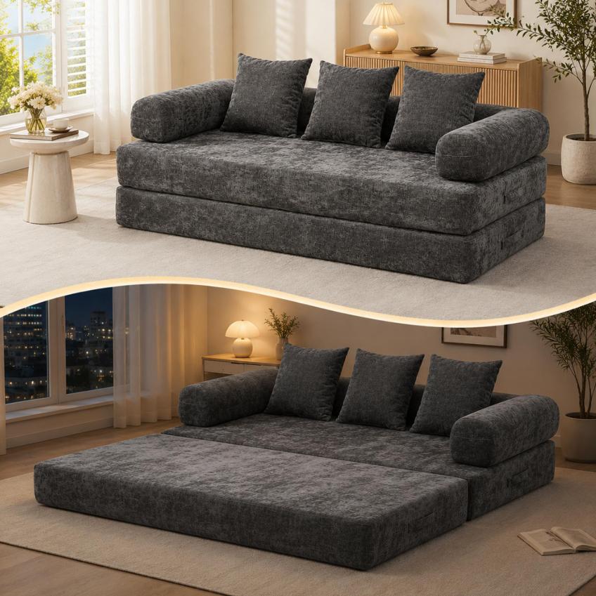 SESSLIFE Sofa Bed, Convertible Chenille Fabric Boneless Couch, Sleeper Sofa with Pillows & Storage Pocket, No Assembly Folding Pull Out Couch for Living Room, Black