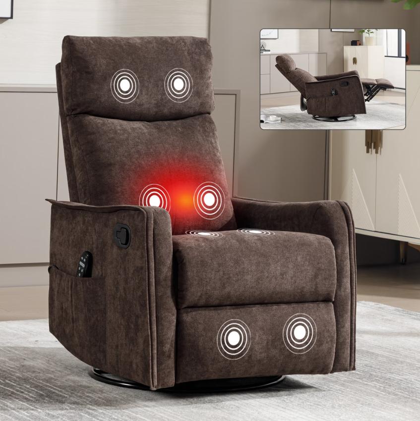 SESSLIFE Massage Recliner Chair, Manual Reclining Chair with Swivel Rocking & Lumbar Heat, Timer Function, Modern Fabric Living Room Chair, Brown