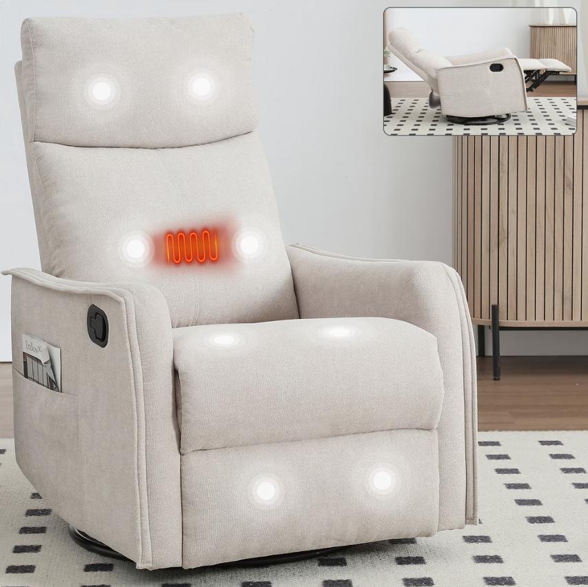 SESSLIFE Massage Recliner Chair, Manual Reclining Chair with Swivel Rocking & Lumbar Heat, Timer Function, Modern Fabric Living Room Chair, Brown