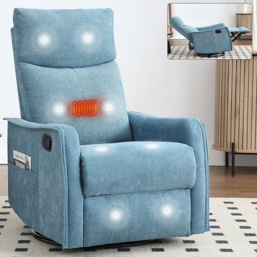 SESSLIFE Massage Recliner Chair, Manual Reclining Chair with Swivel Rocking & Lumbar Heat, Timer Function, Modern Fabric Living Room Chair, Brown