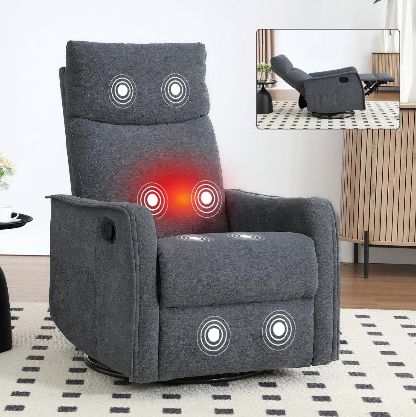 SESSLIFE Massage Recliner Chair, Manual Reclining Chair with Swivel Rocking & Lumbar Heat, Timer Function, Modern Fabric Living Room Chair, Brown