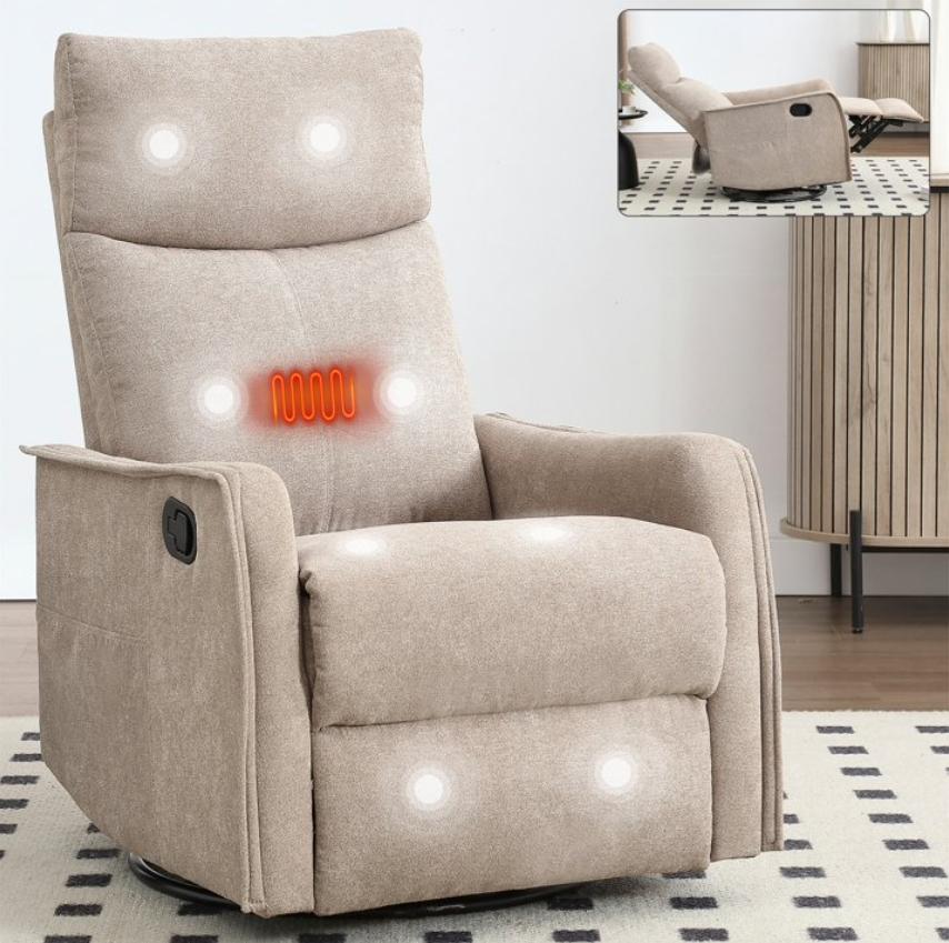 SESSLIFE Massage Recliner Chair, Manual Reclining Chair with Swivel Rocking & Lumbar Heat, Timer Function, Modern Fabric Living Room Chair, Brown