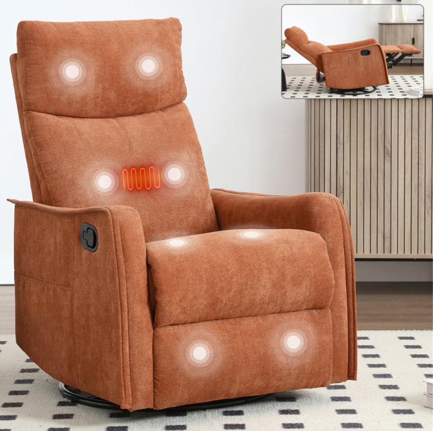 SESSLIFE Massage Recliner Chair, Manual Reclining Chair with Swivel Rocking & Lumbar Heat, Timer Function, Modern Fabric Living Room Chair, Brown