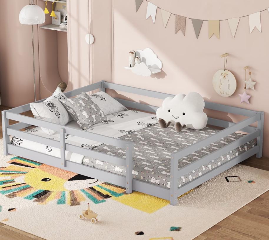 SESSLIFE Twin Montessor Floor Bed, Solid Wood Toddler Floor Bed with Fence, Easy Assembly Floor Bed Frame for Kids, Gray