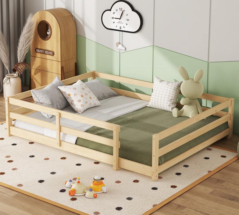 SESSLIFE Twin Montessor Floor Bed, Solid Wood Toddler Floor Bed with Fence, Easy Assembly Floor Bed Frame for Kids, Gray