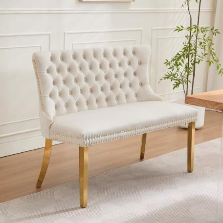 SESSLIFE Dining Bench with Back, Modern Upholstered Velvet Loveseat Bench 2-Seat, Gold Metal Legs and Nailhead Trim, Banquette Bench for Kitchen, Living Room, Bedroom, Beige