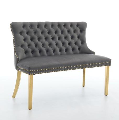 SESSLIFE Dining Bench with Back, Modern Upholstered Velvet Loveseat Bench 2-Seat, Gold Metal Legs and Nailhead Trim, Banquette Bench for Kitchen, Living Room, Bedroom, Beige