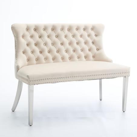 SESSLIFE Dining Bench with Back, Modern Upholstered Velvet Loveseat Bench 2-Seat, Gold Metal Legs and Nailhead Trim, Banquette Bench for Kitchen, Living Room, Bedroom, Beige