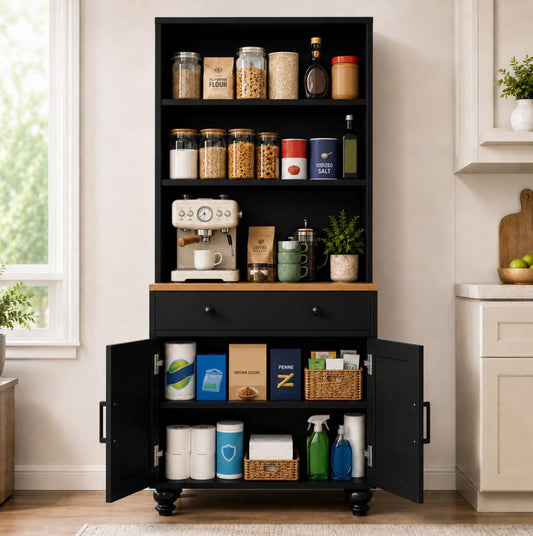 SESSLIFE Pantry Cabinet, 63" H Kitchen Pantry Storage Cabinet with 3 Open Shelves, Drawer & Adjustable Bottom Storage, Wood Kitchen Pantry Cabinet for Dining Room Living Room, Black