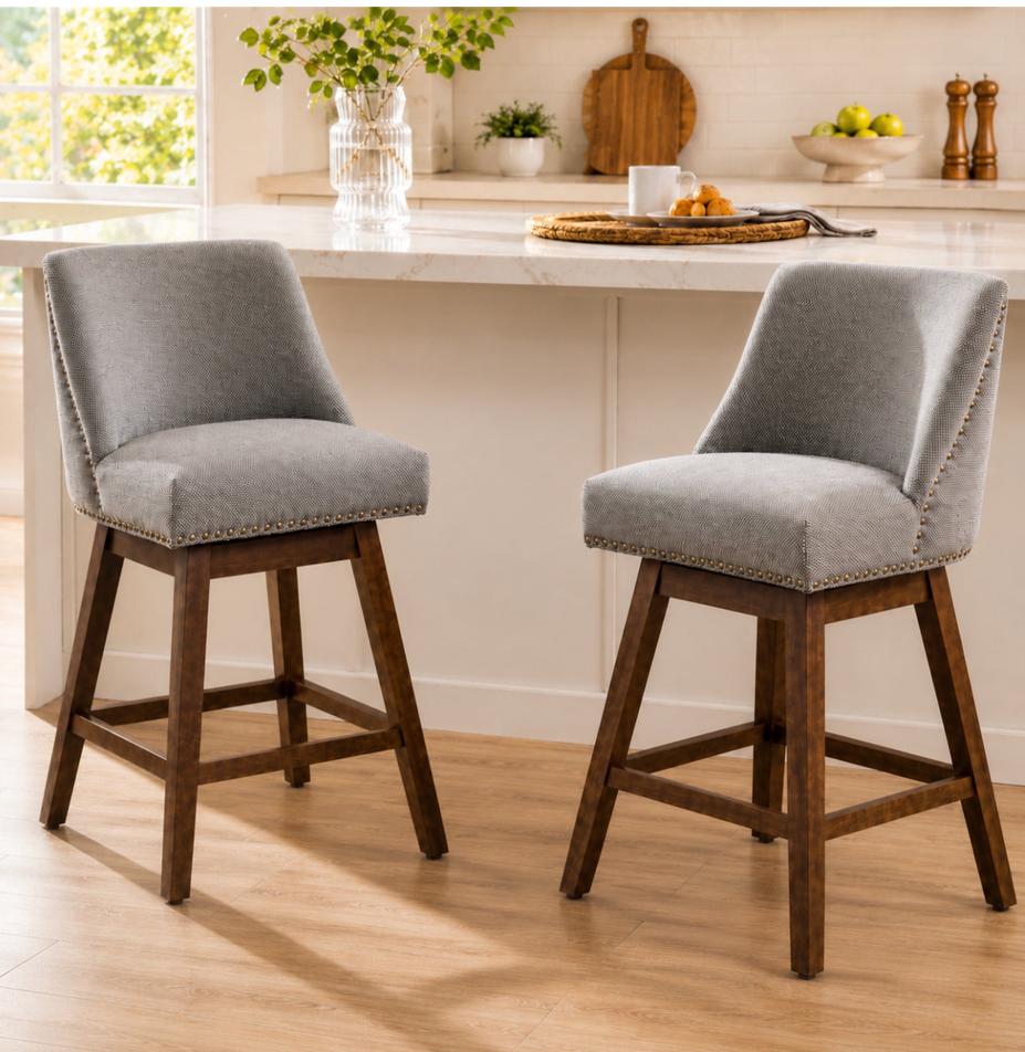 SESSLIFE Bar Stools, Set of 2 Swivel Counter Height Bar Stools, Modern Barstools with Solid Wood Legs and Fabric Seat, Bar Chair for Kitchen Island & Home, Grey