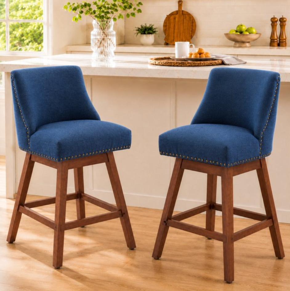 SESSLIFE Bar Stools, Set of 2 Swivel Counter Height Bar Stools, Modern Barstools with Solid Wood Legs and Fabric Seat, Bar Chair for Kitchen Island & Home, Grey