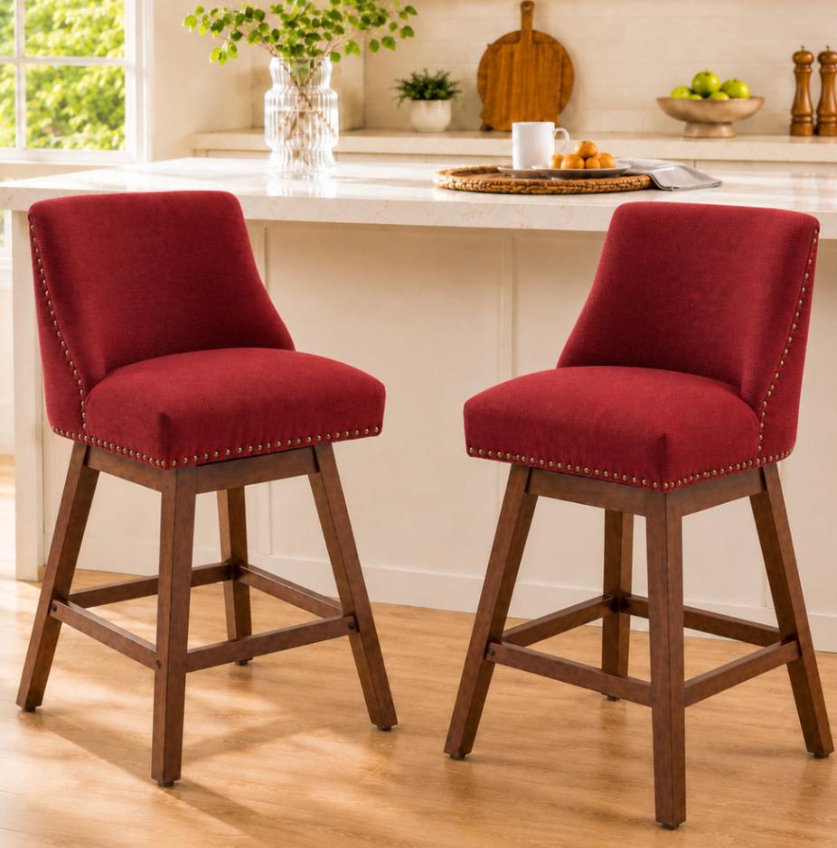 SESSLIFE Bar Stools, Set of 2 Swivel Counter Height Bar Stools, Modern Barstools with Solid Wood Legs and Fabric Seat, Bar Chair for Kitchen Island & Home, Grey