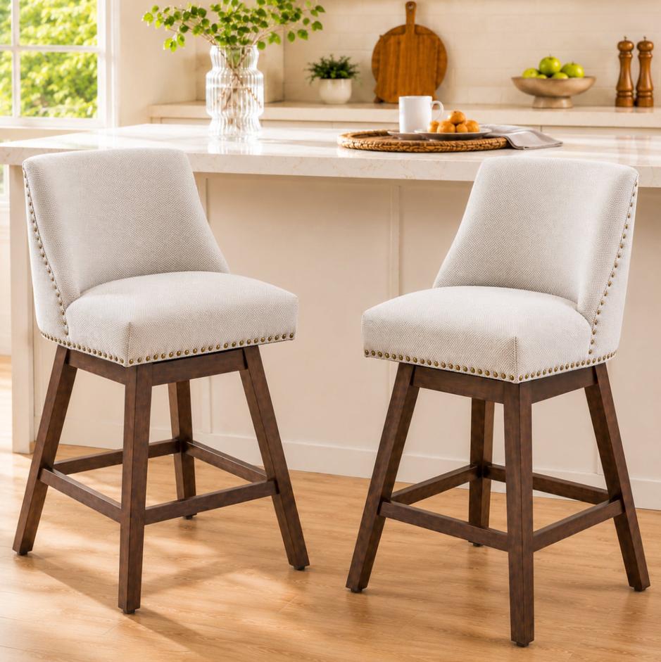 SESSLIFE Bar Stools, Set of 2 Swivel Counter Height Bar Stools, Modern Barstools with Solid Wood Legs and Fabric Seat, Bar Chair for Kitchen Island & Home, Grey