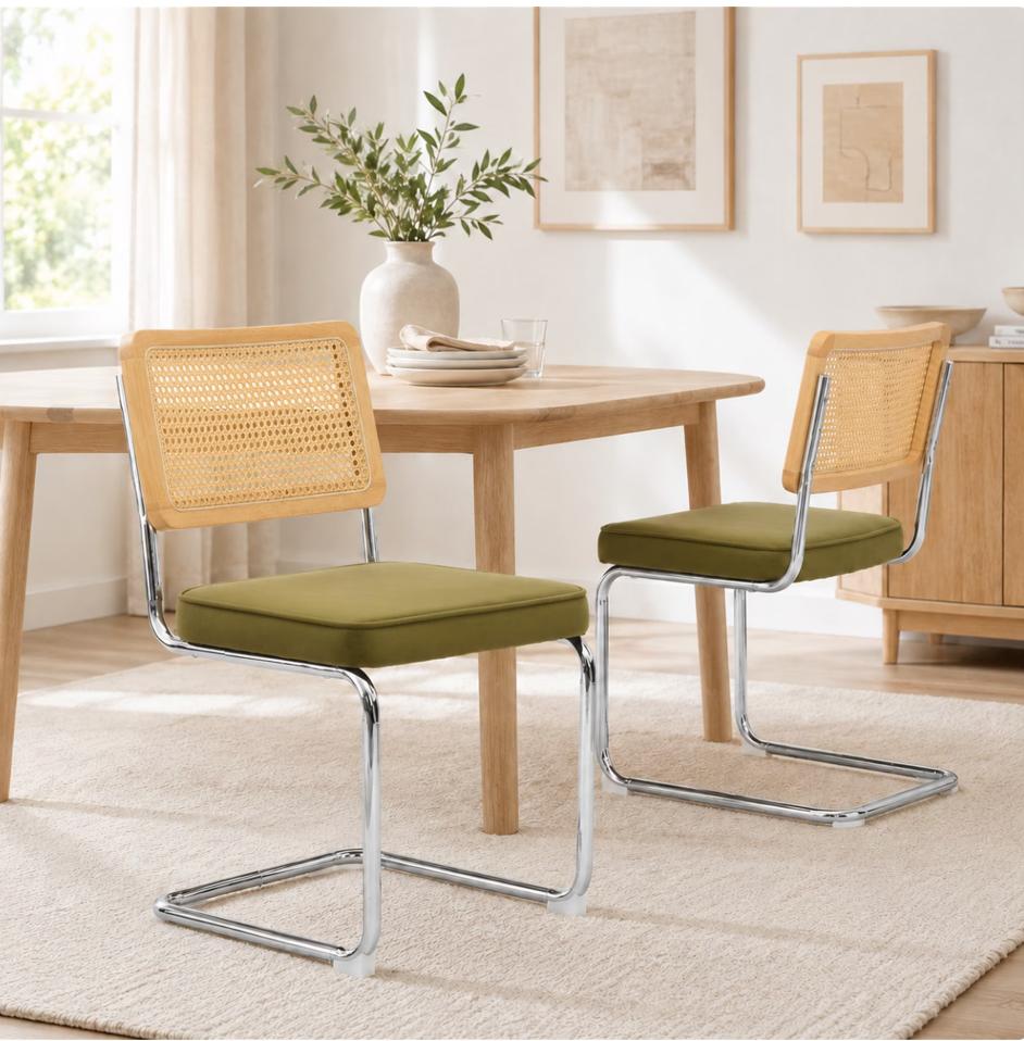 SESSLIFE Dining Chairs Set of 2, Rattan Cane Back Dining Room Chairs with Velvet Upholstered Seat, Cantilever Kitchen Chairs with Chrome Frame, 360 lbs, Olive Green