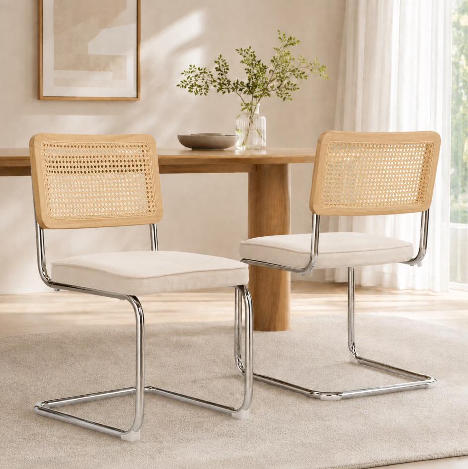 SESSLIFE Dining Chairs Set of 2, Rattan Cane Back Dining Room Chairs with Velvet Upholstered Seat, Cantilever Kitchen Chairs with Chrome Frame, 360 lbs, Olive Green