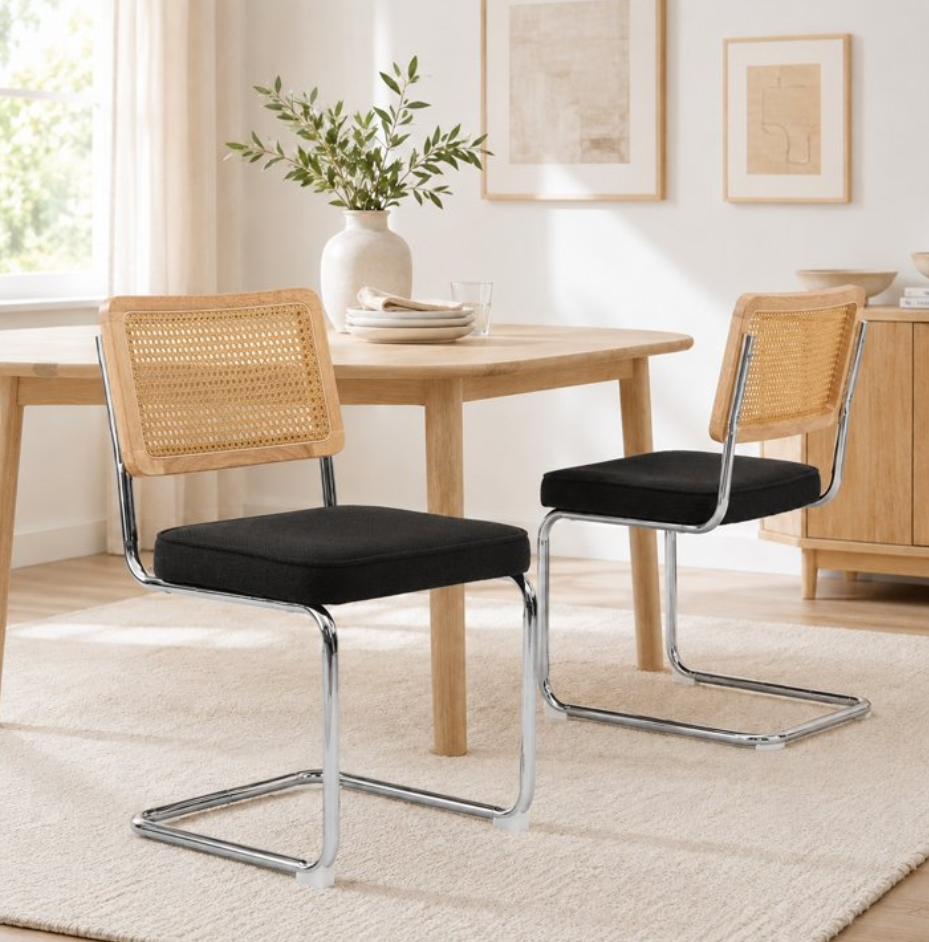 SESSLIFE Dining Chairs Set of 2, Rattan Cane Back Dining Room Chairs with Velvet Upholstered Seat, Cantilever Kitchen Chairs with Chrome Frame, 360 lbs, Olive Green