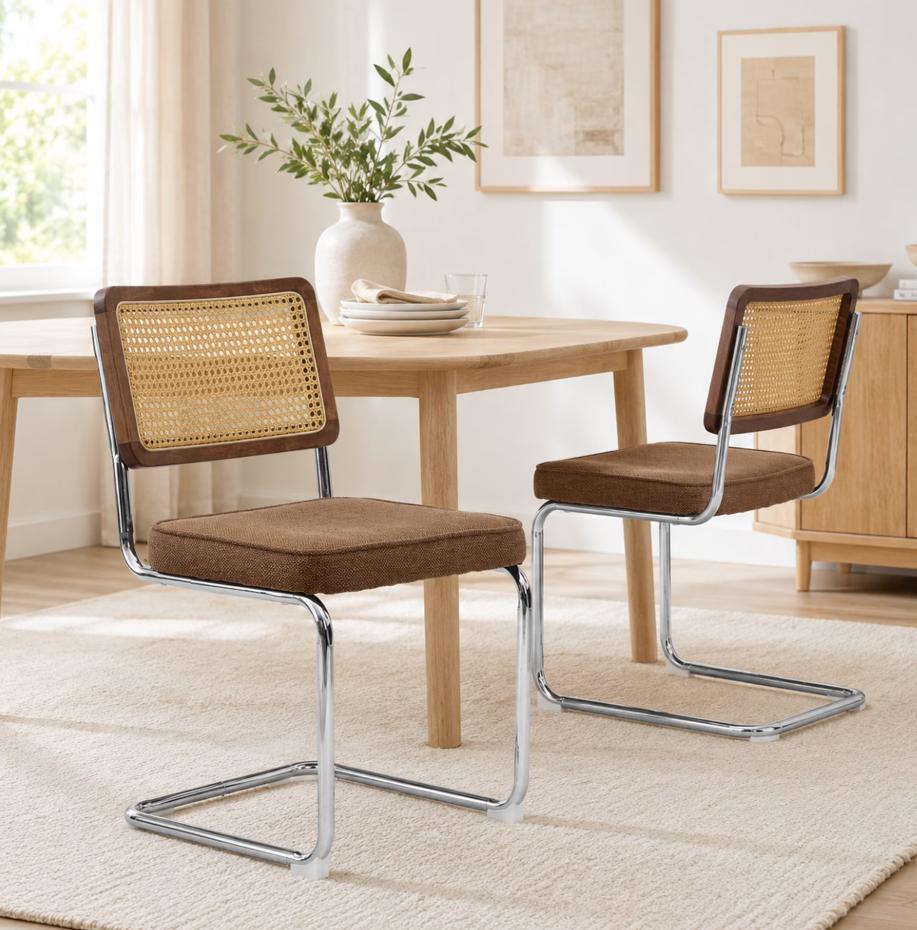 SESSLIFE Dining Chairs Set of 2, Rattan Cane Back Dining Room Chairs with Velvet Upholstered Seat, Cantilever Kitchen Chairs with Chrome Frame, 360 lbs, Olive Green