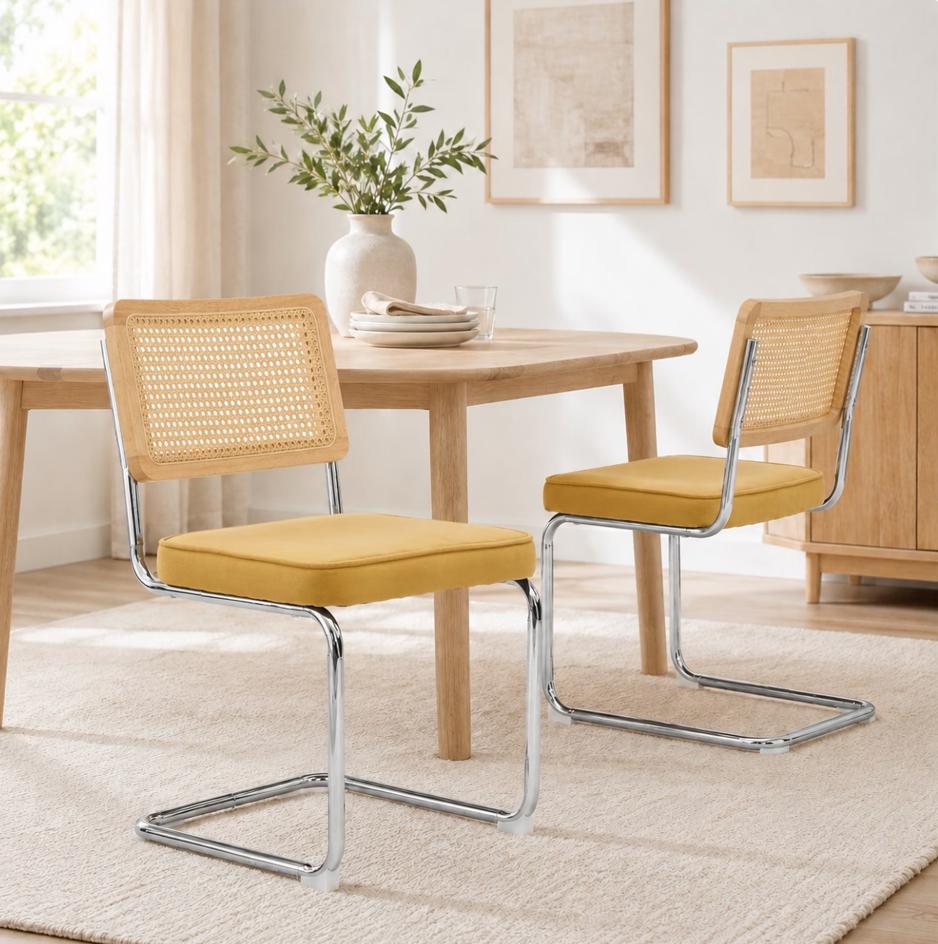 SESSLIFE Dining Chairs Set of 2, Rattan Cane Back Dining Room Chairs with Velvet Upholstered Seat, Cantilever Kitchen Chairs with Chrome Frame, 360 lbs, Olive Green