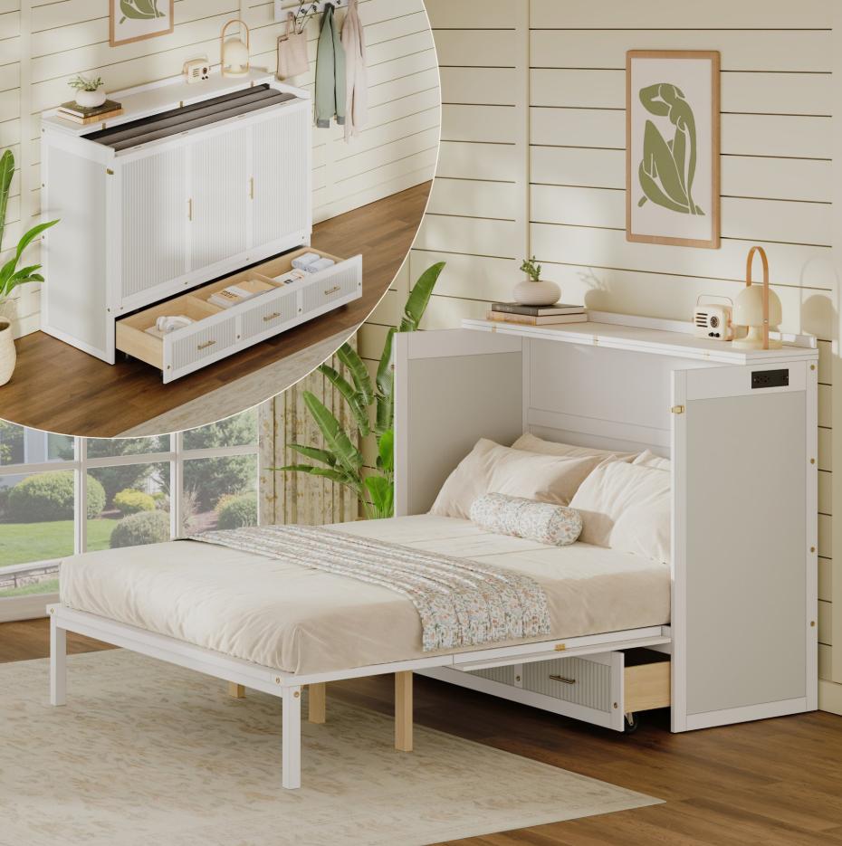 SESSLIFE Murphy Bed Queen with Storage & Charging Station, Murphy Bed Cabinet with Wavy Fluted, Hideaway Foldable Platform Bed for Guest Bedroom, Living Room, Office, White