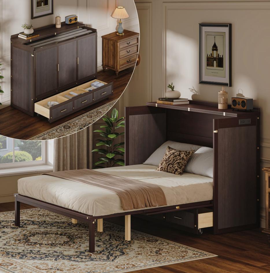 SESSLIFE Murphy Bed Queen with Storage & Charging Station, Murphy Bed Cabinet with Wavy Fluted, Hideaway Foldable Platform Bed for Guest Bedroom, Living Room, Office, White