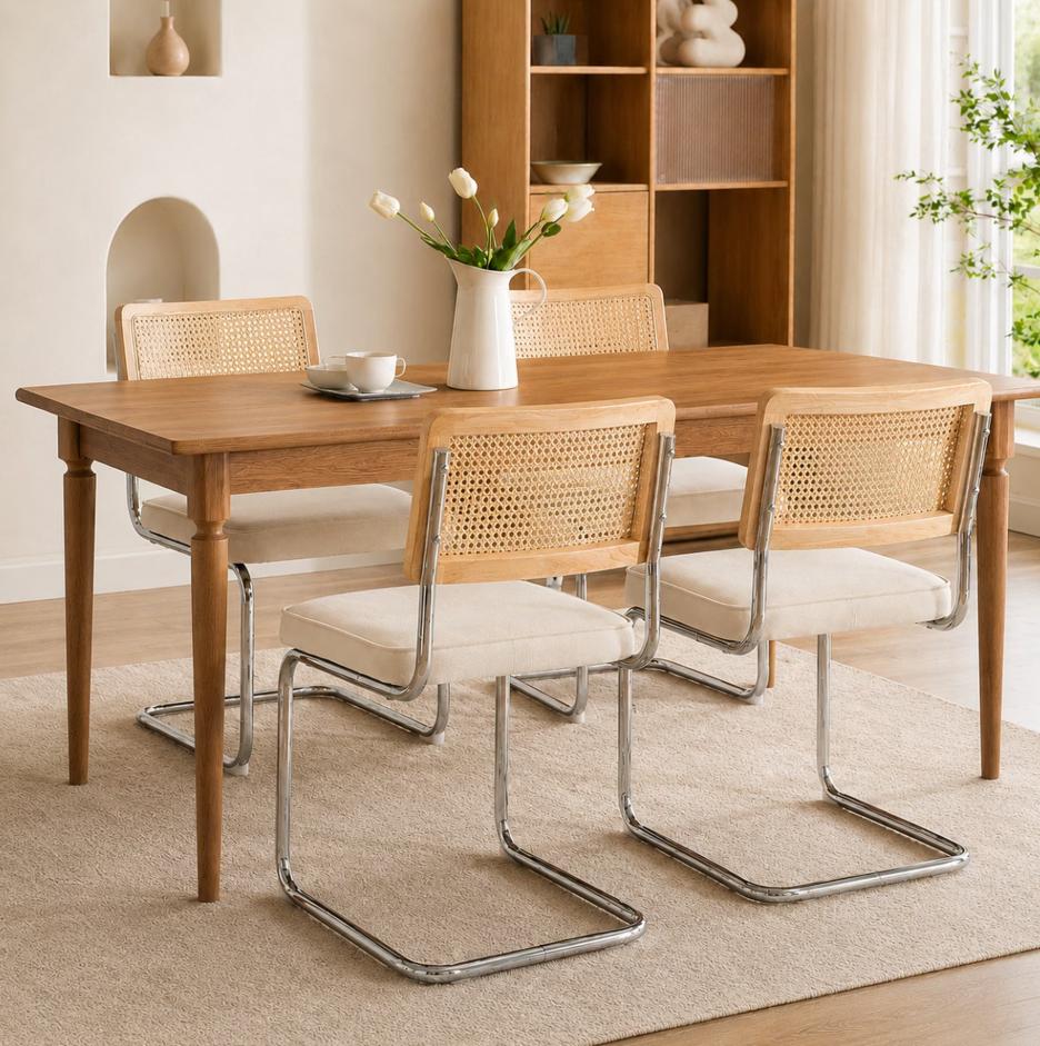 SESSLIFE Dining Chairs Set of 4, Cane Rattan Back Dining Room Chairs with Velvet Upholstered Seat, Cantilever Kitchen Chairs with Chrome Frame, 360 lbs, Olive Green