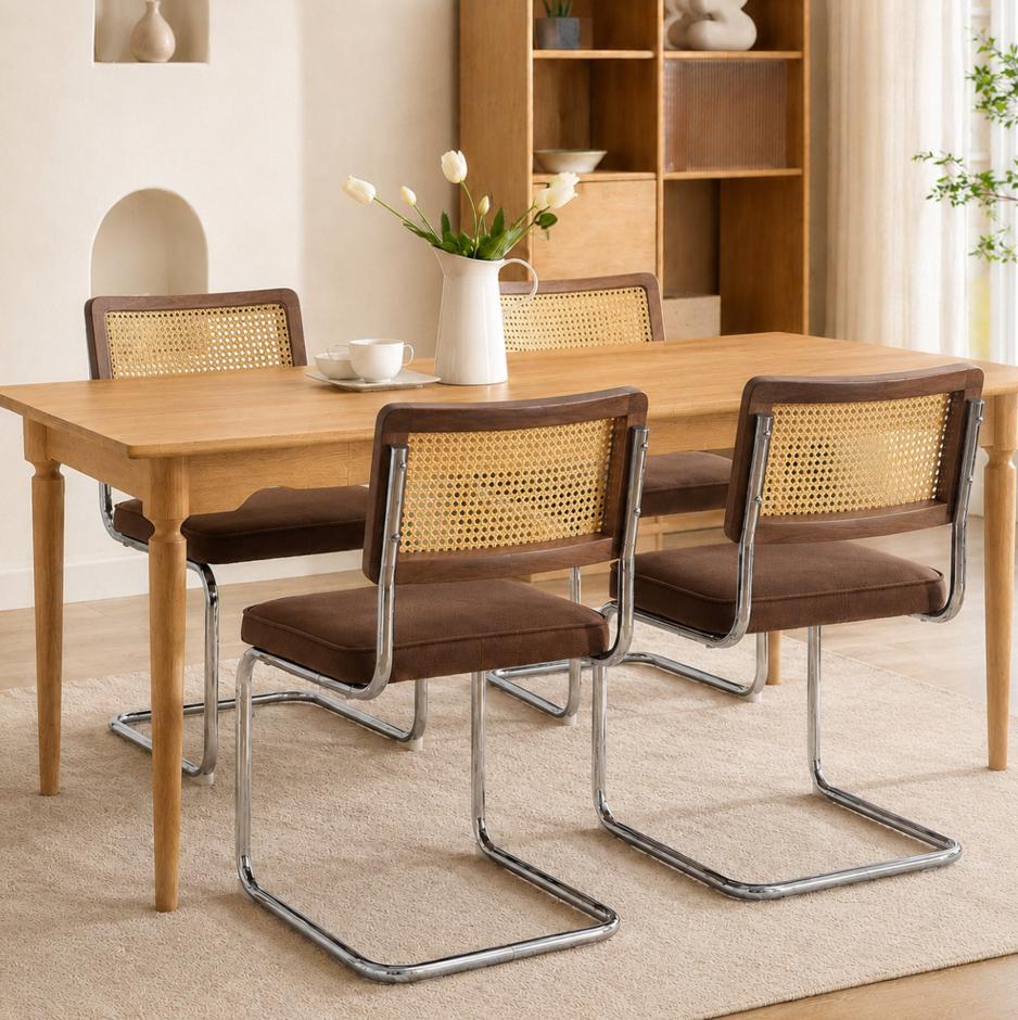 SESSLIFE Dining Chairs Set of 4, Cane Rattan Back Dining Room Chairs with Velvet Upholstered Seat, Cantilever Kitchen Chairs with Chrome Frame, 360 lbs, Olive Green
