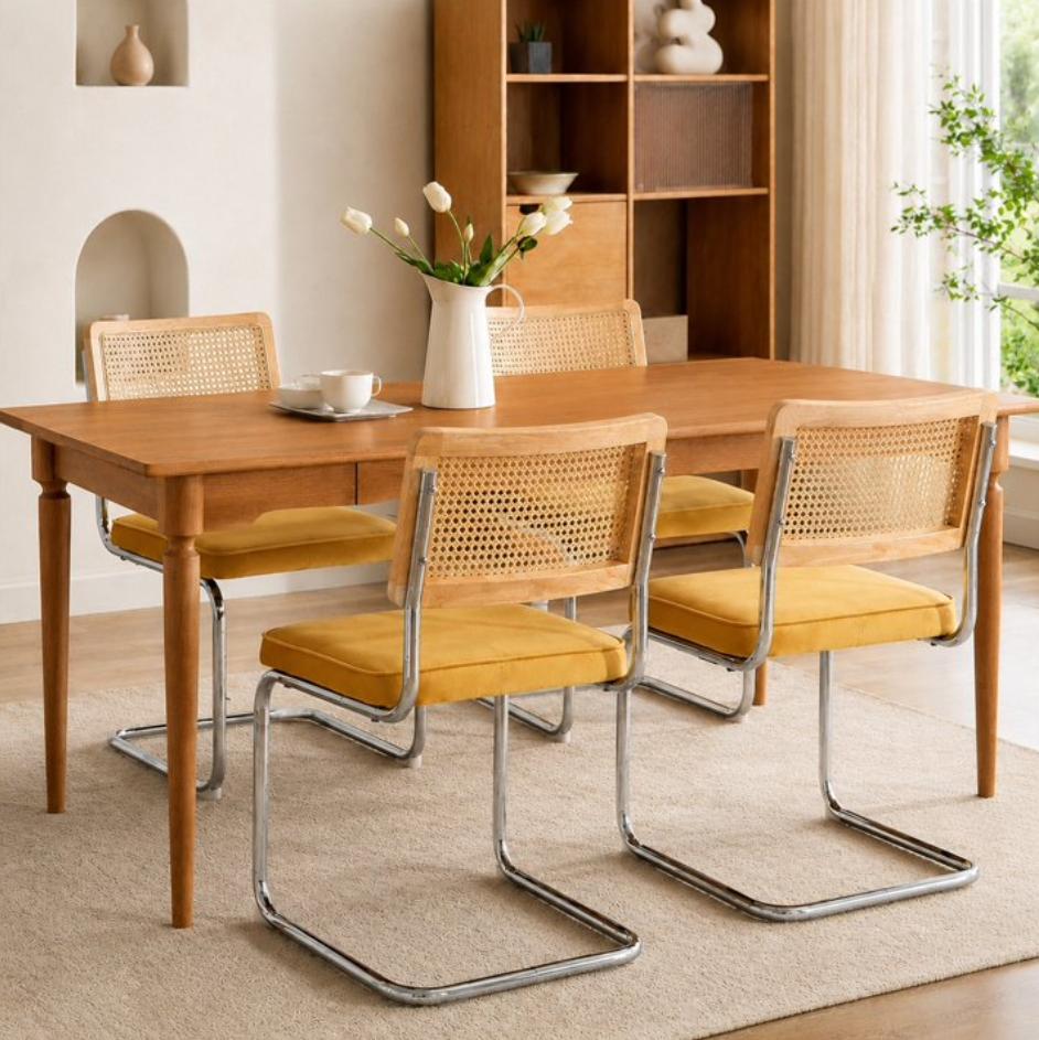 SESSLIFE Dining Chairs Set of 4, Cane Rattan Back Dining Room Chairs with Velvet Upholstered Seat, Cantilever Kitchen Chairs with Chrome Frame, 360 lbs, Olive Green