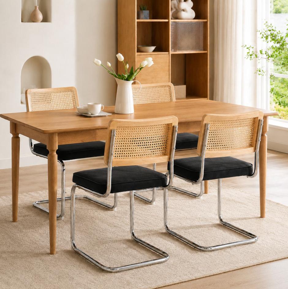 SESSLIFE Dining Chairs Set of 4, Cane Rattan Back Dining Room Chairs with Velvet Upholstered Seat, Cantilever Kitchen Chairs with Chrome Frame, 360 lbs, Olive Green