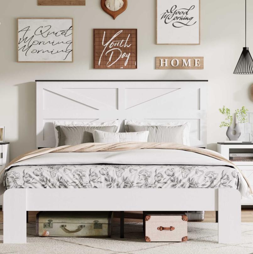 SESSLIFE Full Size Bed Frame with Headboard, Farmhouse Wooden Platform Bed Frame Full with Metal Slat Support, No Box Spring Needed, Noise Free, Easy Assembly, White