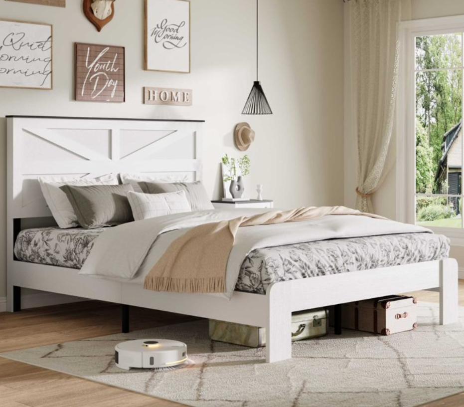 SESSLIFE Full Size Bed Frame with Headboard, Farmhouse Wooden Platform Bed Frame Full with Metal Slat Support, No Box Spring Needed, Noise Free, Easy Assembly, White
