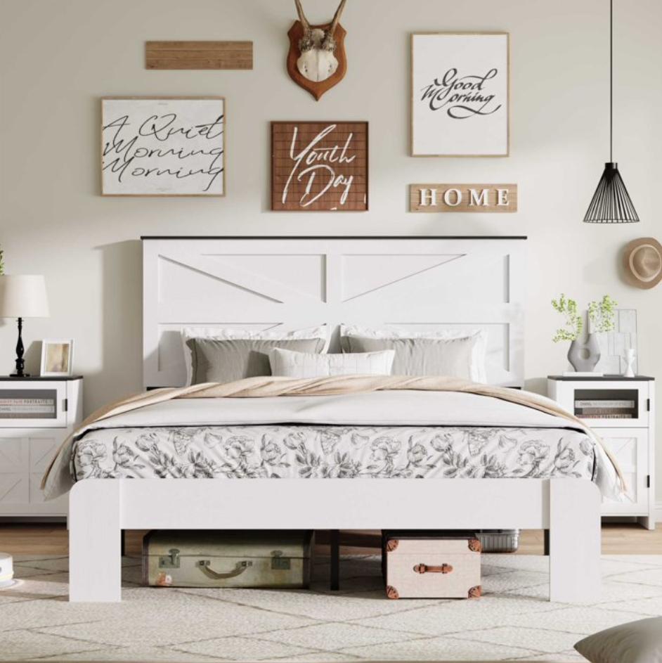 SESSLIFE Full Size Bed Frame with Headboard, Farmhouse Wooden Platform Bed Frame Full with Metal Slat Support, No Box Spring Needed, Noise Free, Easy Assembly, White