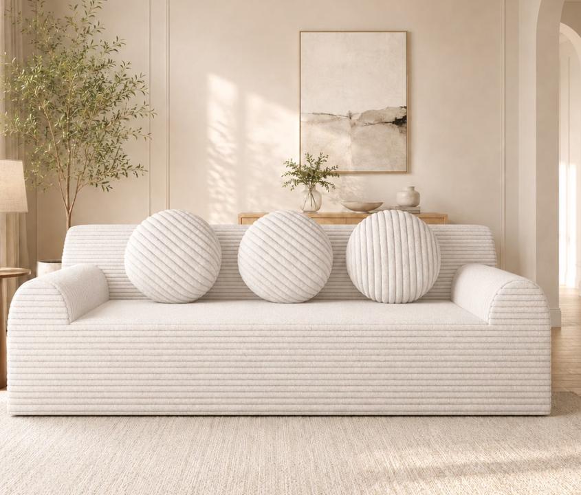 SESSLIFE 3 Seater Sofa Couch, Comfy Extra Deep Seat Cloud Couch with 3 Pillows and Side Pockets, Corduroy Low Profile Floor Sofa for Living Room, Compact No Assembly Couch, Light Grey