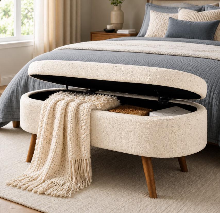 SESSLIFE 43.5" Ottoman with Storage, Storage Ottoman Bench with Safety Hinge, Linen End of Bed Bench, Upholstered Entryway Bench for Bedroom, 250 lb Capacity, Beige
