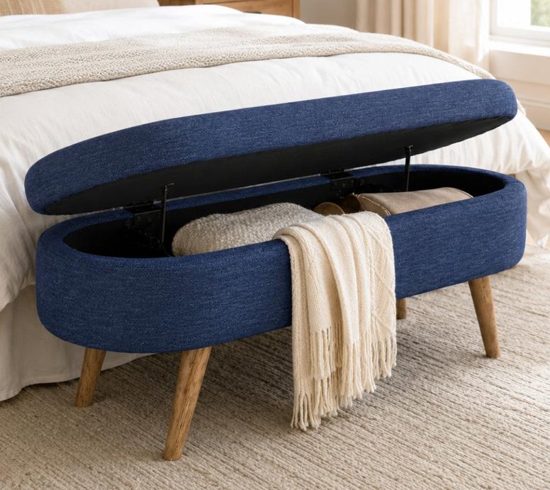 SESSLIFE 43.5" Ottoman with Storage, Storage Ottoman Bench with Safety Hinge, Linen End of Bed Bench, Upholstered Entryway Bench for Bedroom, 250 lb Capacity, Beige