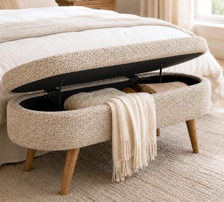 SESSLIFE 43.5" Ottoman with Storage, Storage Ottoman Bench with Safety Hinge, Linen End of Bed Bench, Upholstered Entryway Bench for Bedroom, 250 lb Capacity, Beige