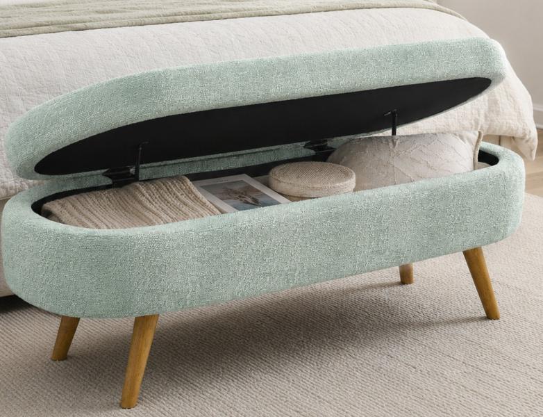 SESSLIFE 43.5" Ottoman with Storage, Storage Ottoman Bench with Safety Hinge, Linen End of Bed Bench, Upholstered Entryway Bench for Bedroom, 250 lb Capacity, Beige