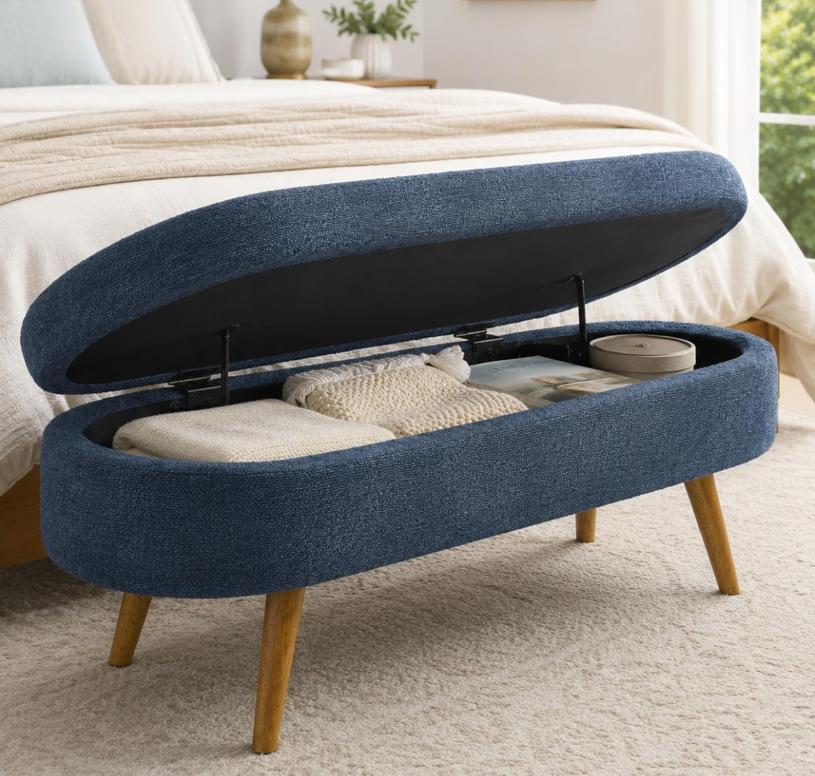 SESSLIFE 43.5" Ottoman with Storage, Storage Ottoman Bench with Safety Hinge, Linen End of Bed Bench, Upholstered Entryway Bench for Bedroom, 250 lb Capacity, Beige