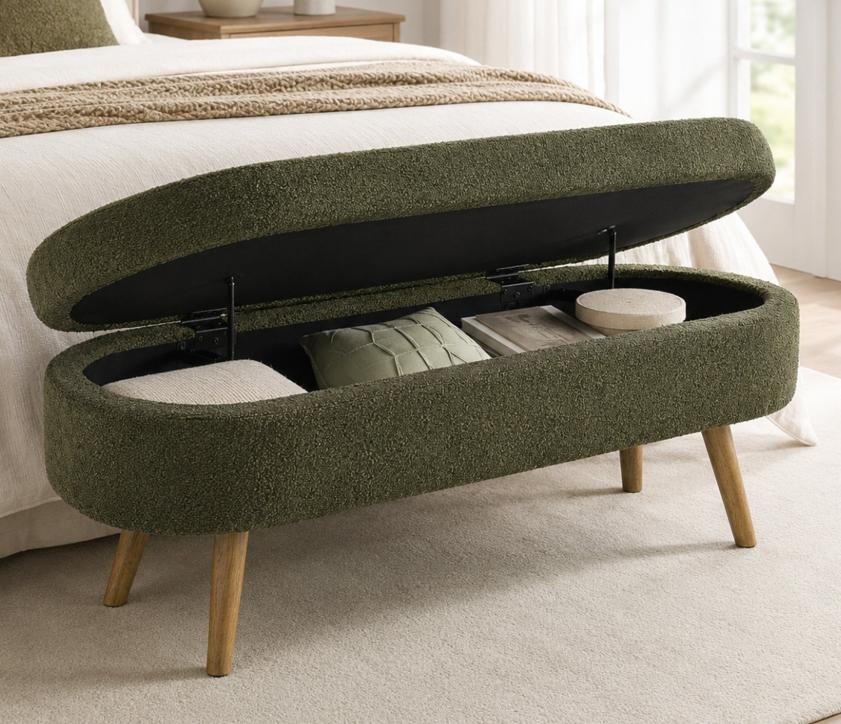 SESSLIFE 43.5" Ottoman with Storage, Storage Ottoman Bench with Safety Hinge, Linen End of Bed Bench, Upholstered Entryway Bench for Bedroom, 250 lb Capacity, Beige