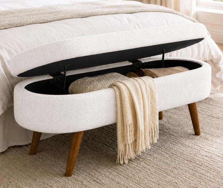 SESSLIFE 43.5" Ottoman with Storage, Storage Ottoman Bench with Safety Hinge, Linen End of Bed Bench, Upholstered Entryway Bench for Bedroom, 250 lb Capacity, Beige