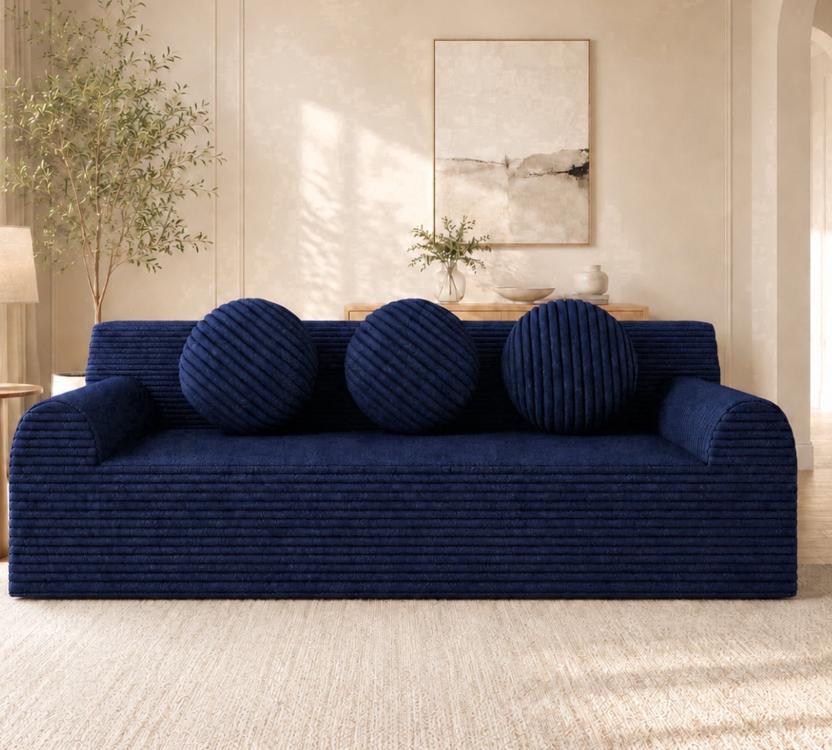 SESSLIFE 3 Seater Sofa Couch, Comfy Extra Deep Seat Cloud Couch with 3 Pillows and Side Pockets, Corduroy Low Profile Floor Sofa for Living Room, Compact No Assembly Couch, Light Grey