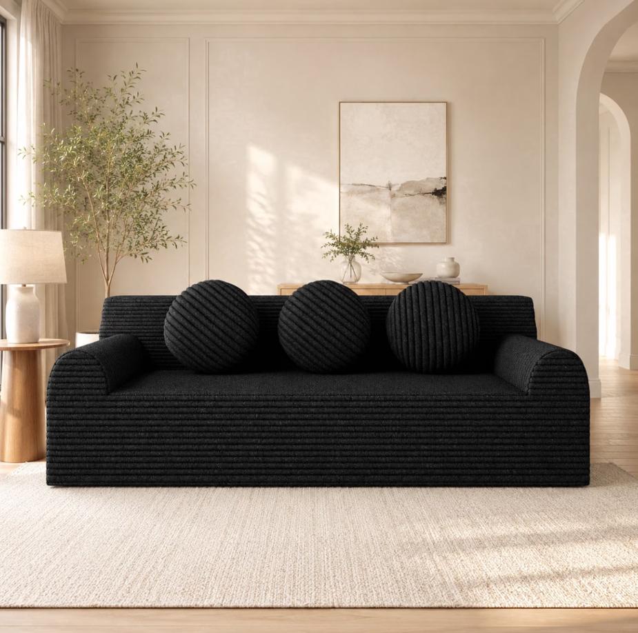 SESSLIFE 3 Seater Sofa Couch, Comfy Extra Deep Seat Cloud Couch with 3 Pillows and Side Pockets, Corduroy Low Profile Floor Sofa for Living Room, Compact No Assembly Couch, Light Grey