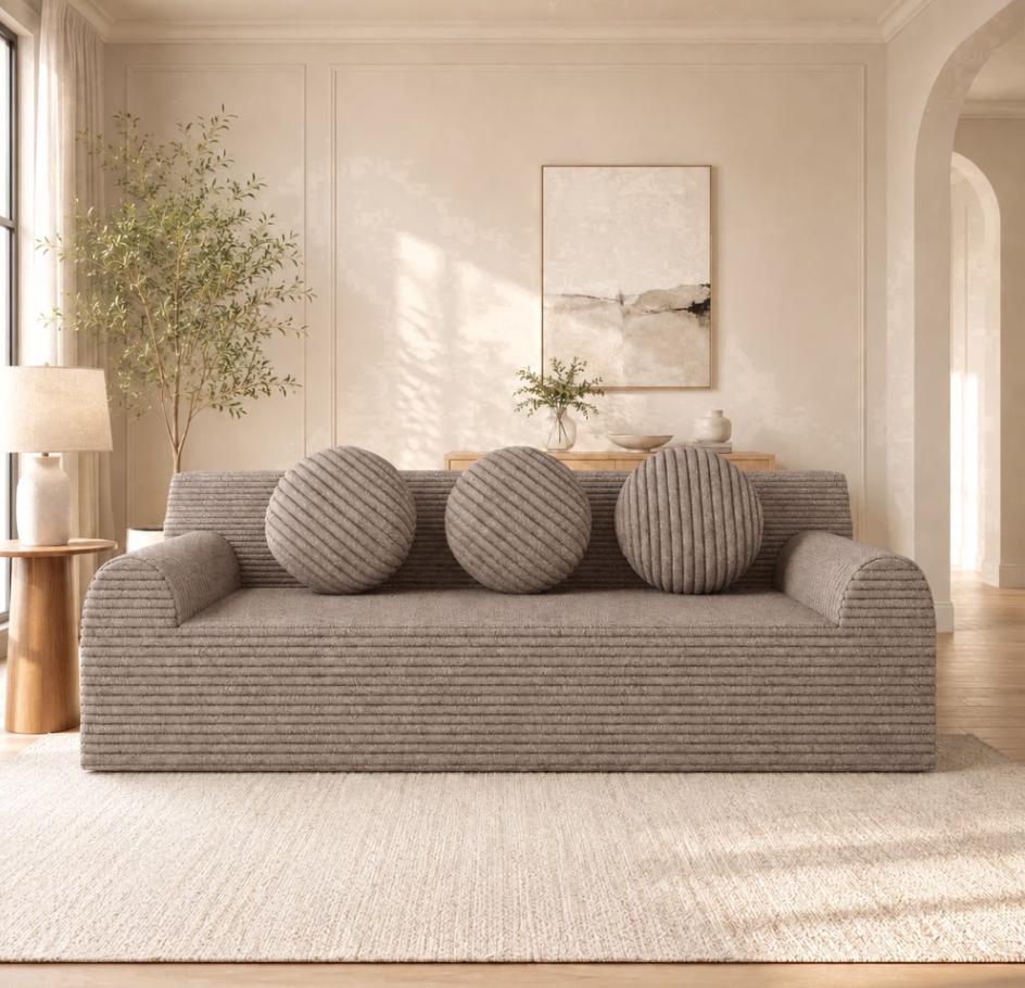 SESSLIFE 3 Seater Sofa Couch, Comfy Extra Deep Seat Cloud Couch with 3 Pillows and Side Pockets, Corduroy Low Profile Floor Sofa for Living Room, Compact No Assembly Couch, Light Grey
