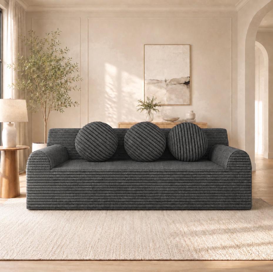 SESSLIFE 3 Seater Sofa Couch, Comfy Extra Deep Seat Cloud Couch with 3 Pillows and Side Pockets, Corduroy Low Profile Floor Sofa for Living Room, Compact No Assembly Couch, Light Grey
