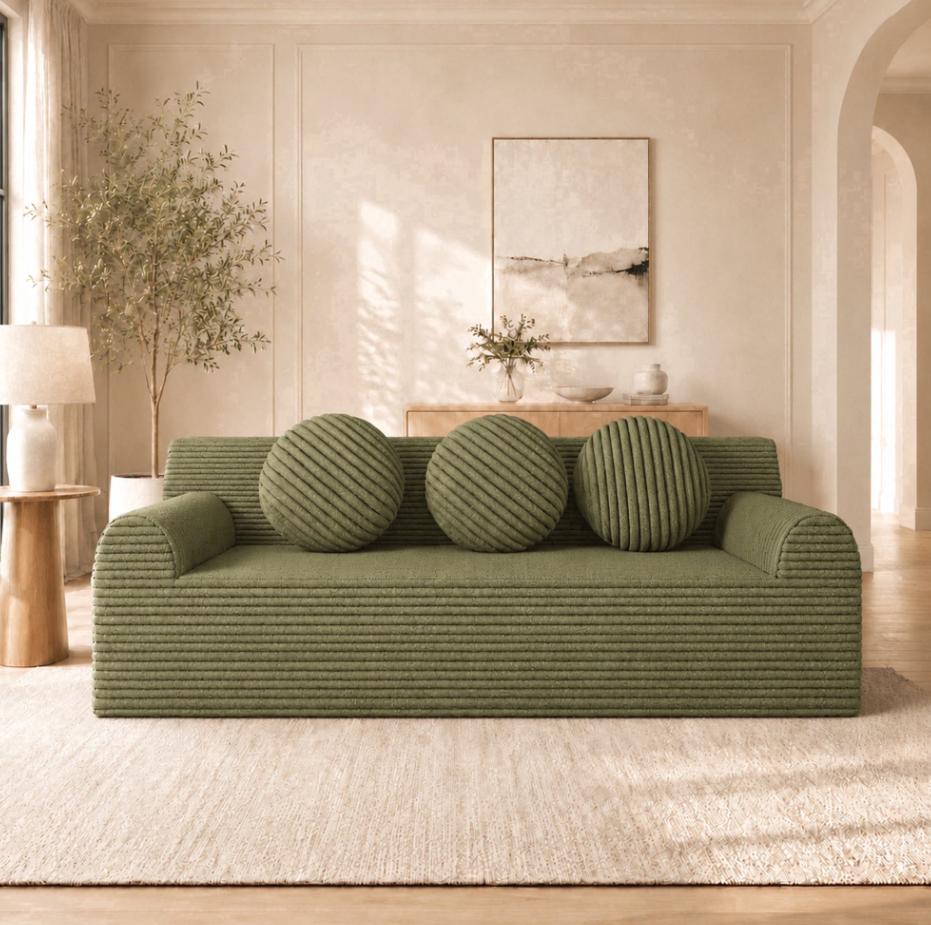 SESSLIFE 3 Seater Sofa Couch, Comfy Extra Deep Seat Cloud Couch with 3 Pillows and Side Pockets, Corduroy Low Profile Floor Sofa for Living Room, Compact No Assembly Couch, Light Grey
